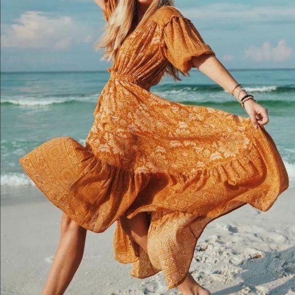 Bohemian Gypsy Print Ruffle Floral Dress Orange - Picture 13 of 13